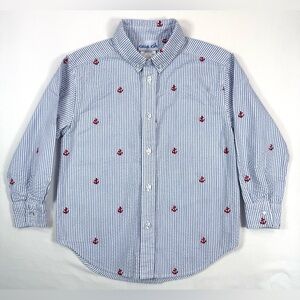 KELLY’S KIDS Boys Nautical Seersucker Anchor Embroidered Button Down Shirt S 5-6